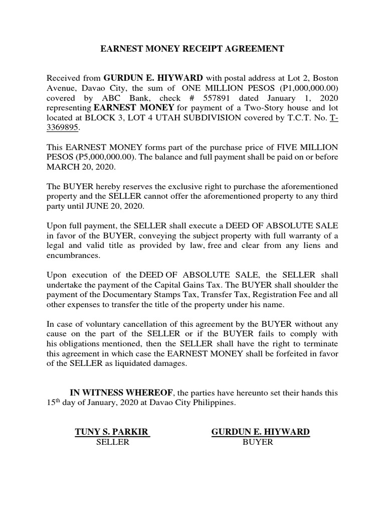 Earnest Money Receipt Agreement | PDF | Deed | Payments