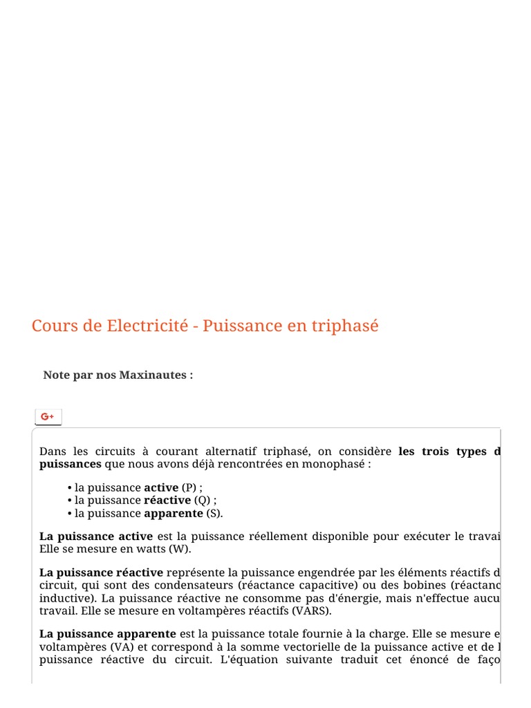 Calcul De Puissance En Triphasé Pdf Cours de Electricité - Puissance en Triphasé | PDF | Puissance apparente |  Puissance (physique)