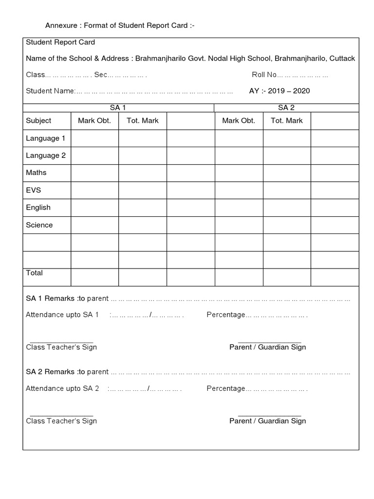 Format For Student Report Card PDF