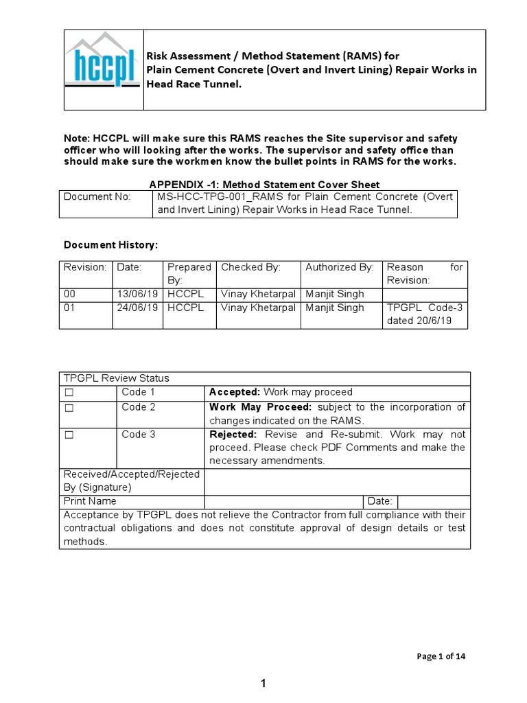 RAMS For Concrete (Overt and Invert Lining) Repair | PDF | Emergency | Risk