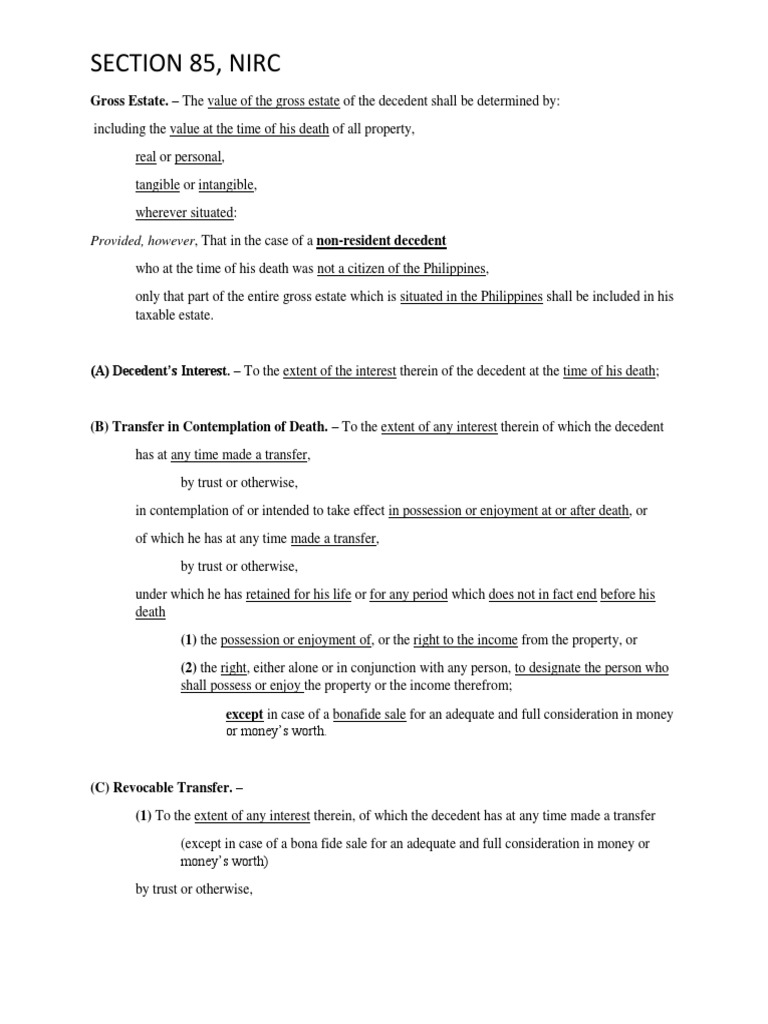 SECTION 85, NIRC Gross Estate PDF Trust Law Common Law