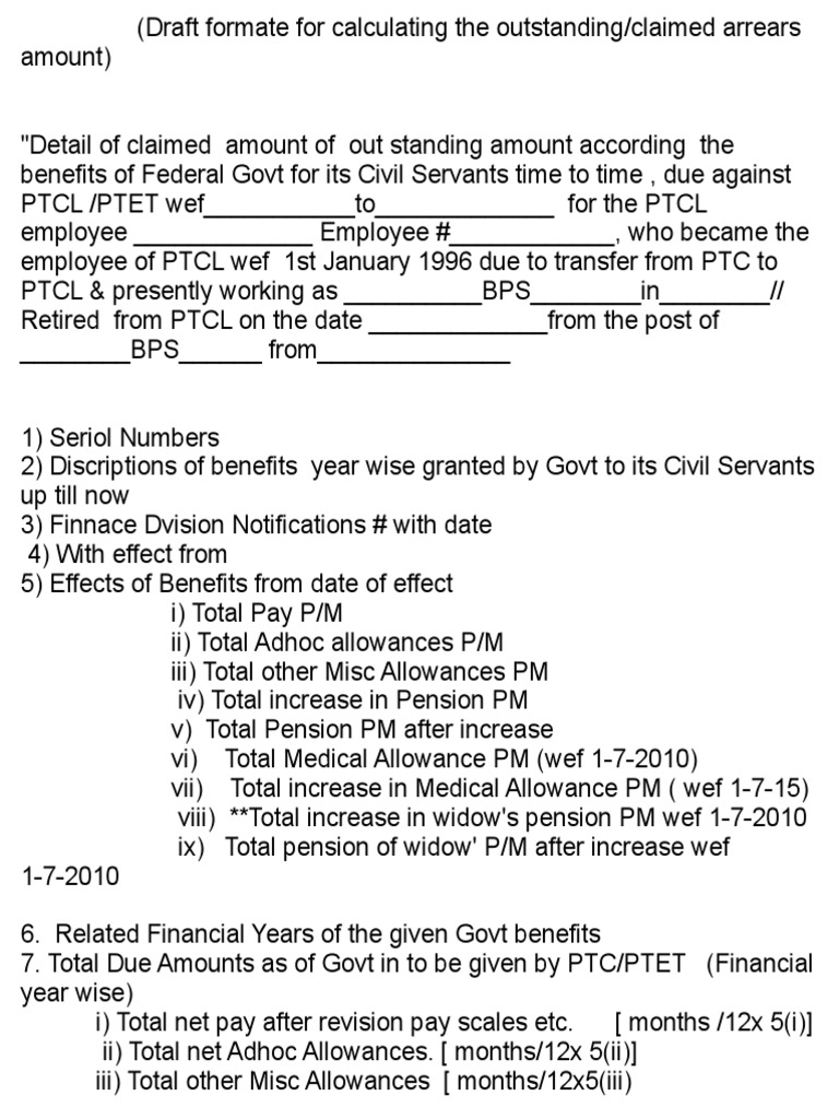 Draft Formate For Calculating Claimed Amount For Increase of Pennsions