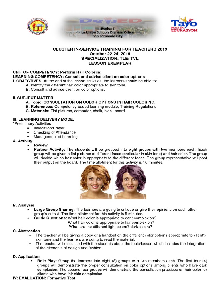 Lesson Exemplar in Hairdressing PDF Educational Psychology