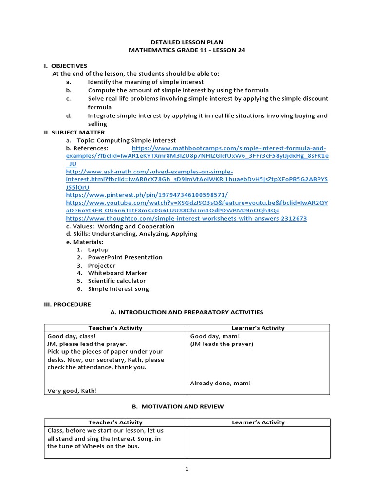 Detailed Lesson Plan PDF Percentage Interest