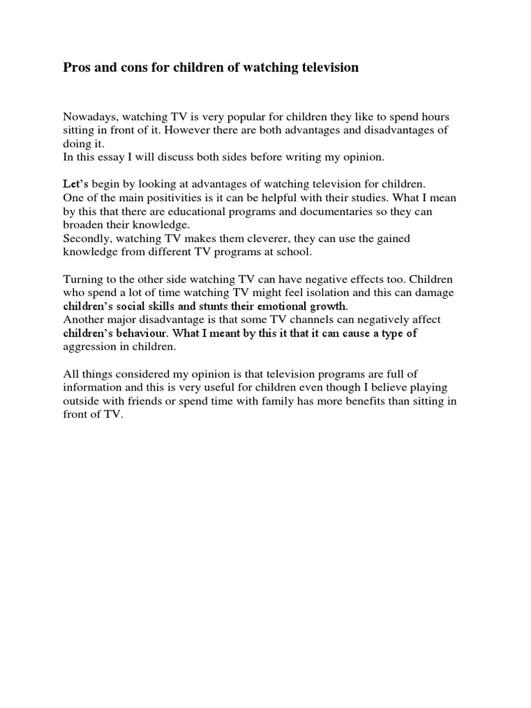 Pros and Cons For Children of Watching Television PDF