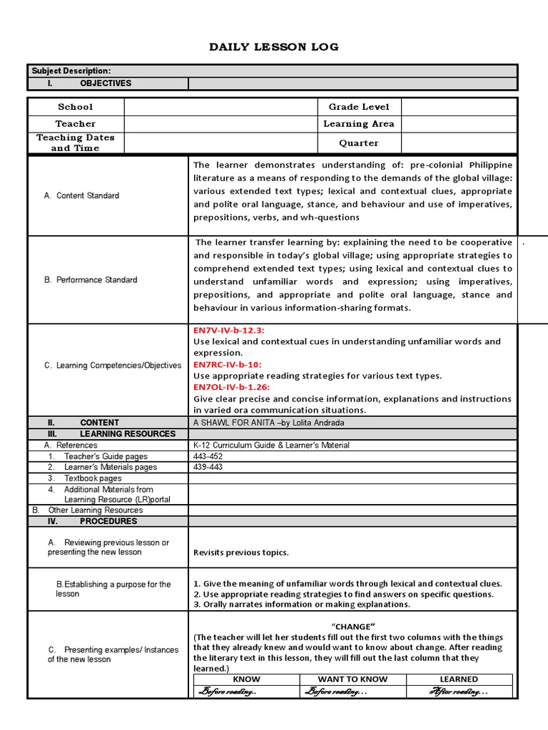Lesson Log A Shawl For Anita PDF Question Differentiated Instruction