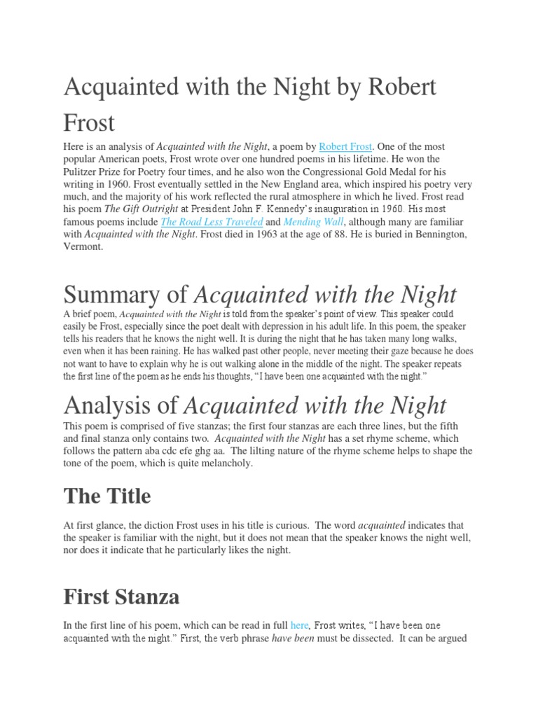 Acquainted With The Night By Robert Frost Pdf Poetry