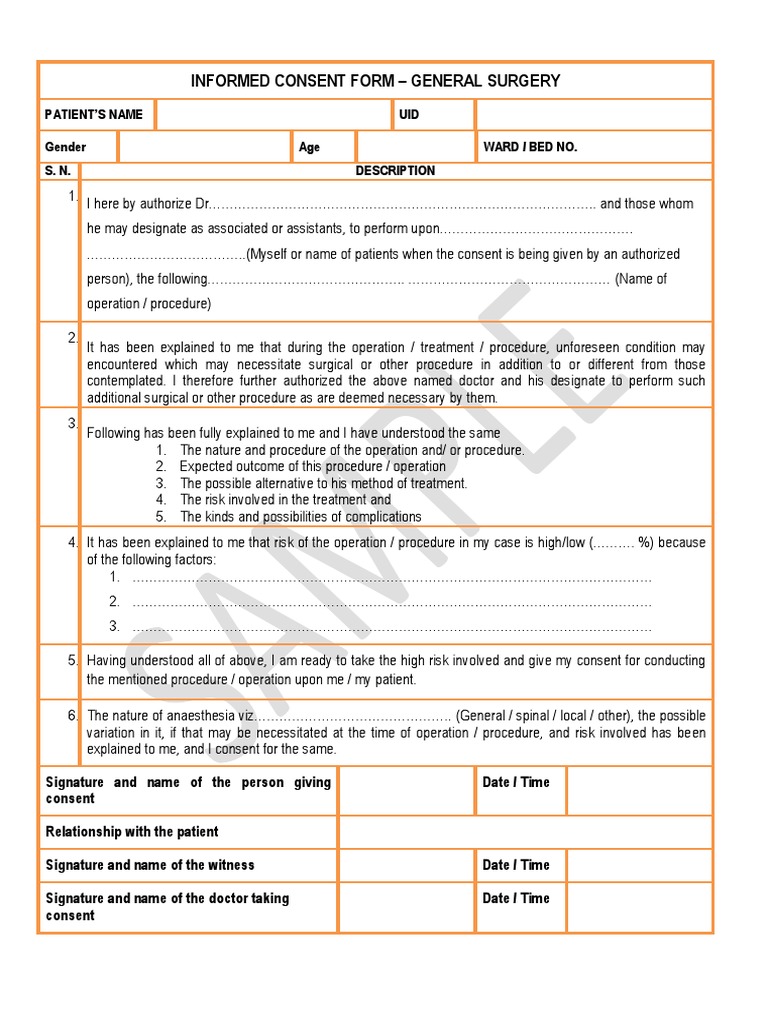 Informed Consent General | PDF | Surgical Specialties | Surgery