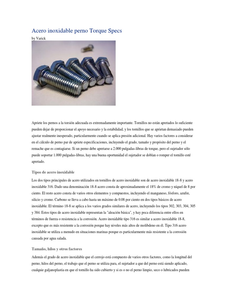 Especificaciones de Torque para Pernos Inoxidable | PDF | Acero ...