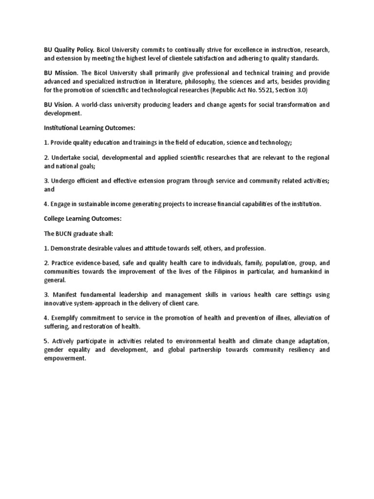 Bicol University Vision, Mission, and Goals | PDF