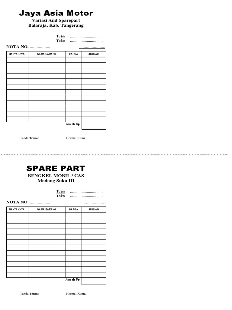 Nota Nota Toko Jaya Asia Motor