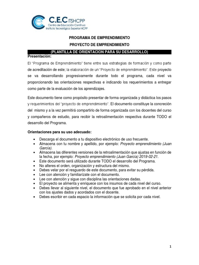 Guía para Proyecto de Emprendimiento | PDF | Iniciativa empresarial ...