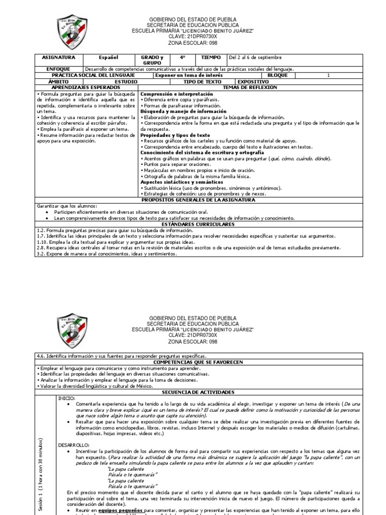 Planeacion Semana 1 Cuarto Grado | PDF | Educación primaria | México