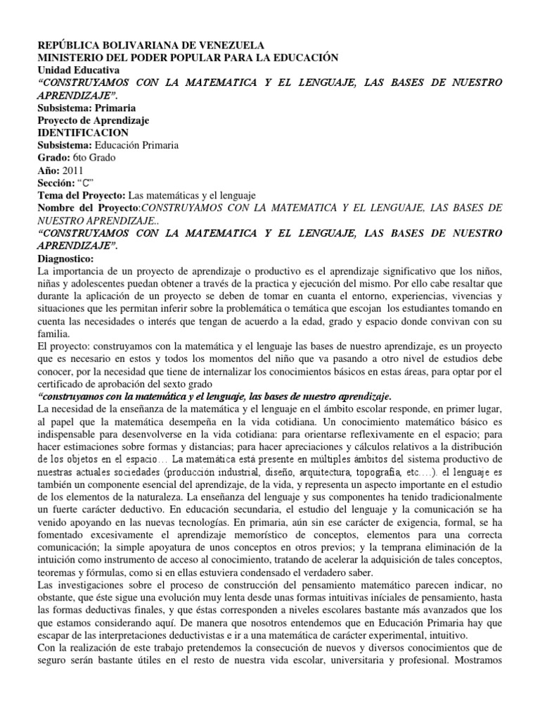 Proyectos de Aprendizaje para 6to Grado | PDF | Educación primaria ...