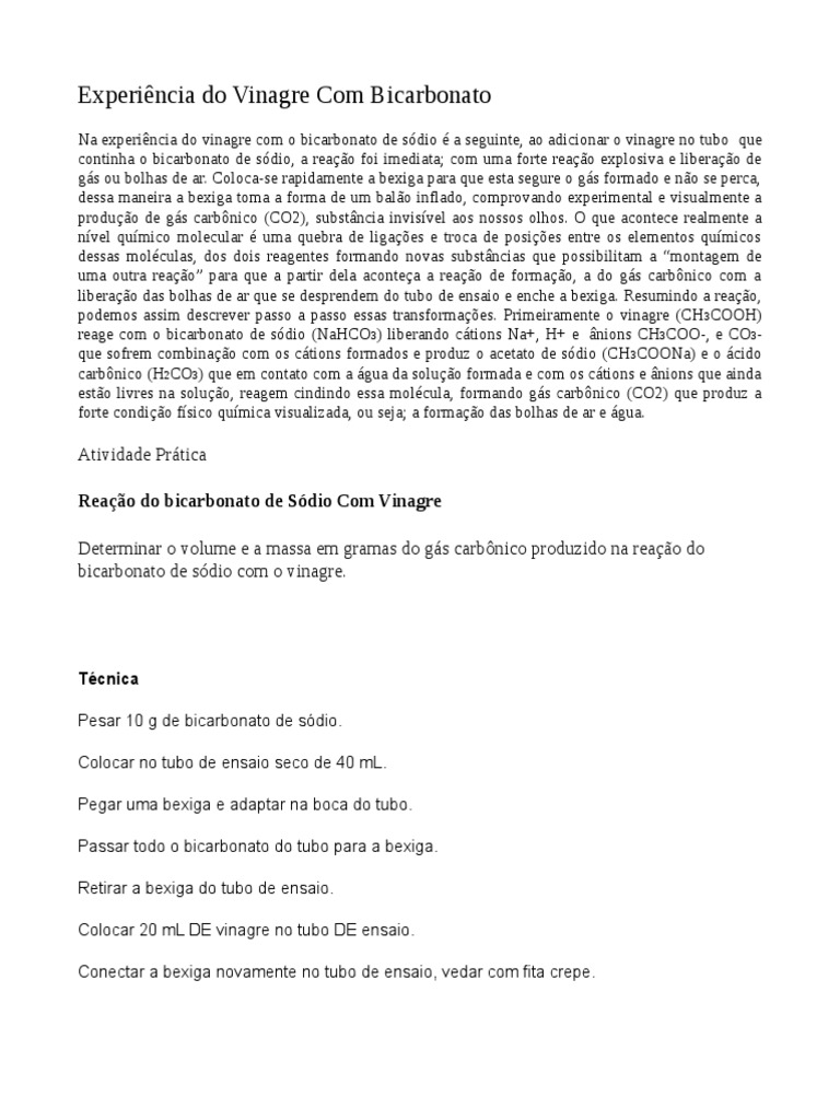 Dados De Experimentos De Balão De Vinagre E Bicarbonato De Sódio