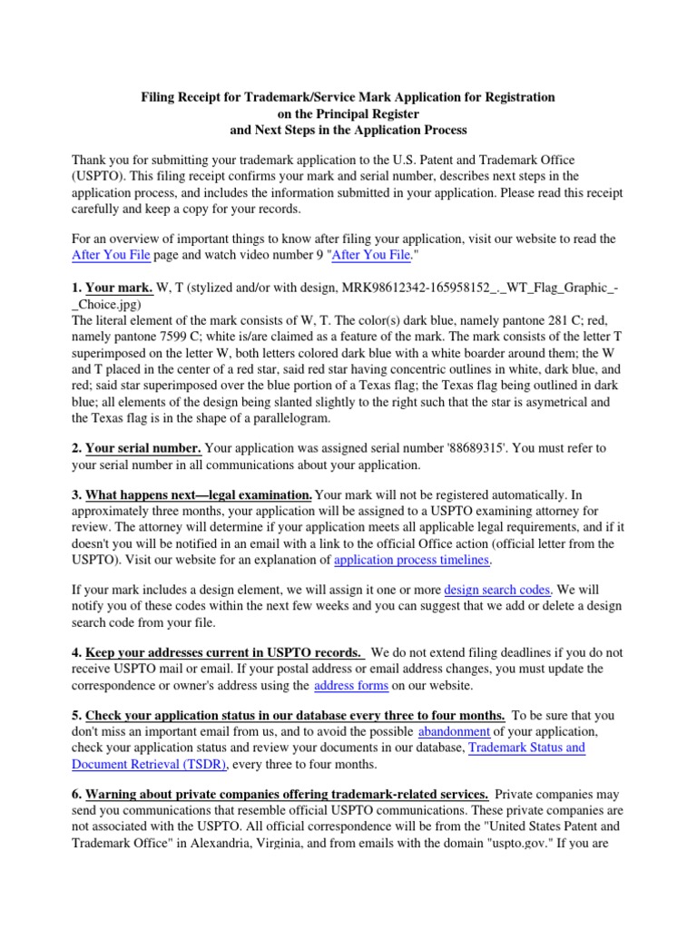 WT Flag Logo Trademark Application Filing Receipt | PDF | United States ...