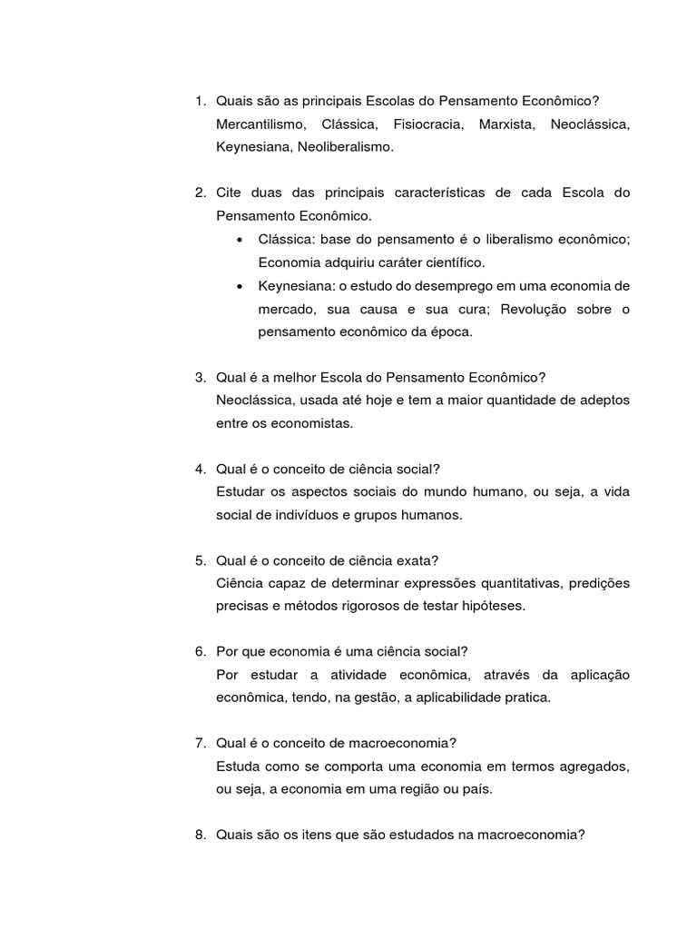 Principais Escolas do Pensamento Econômico | PDF | História do ...