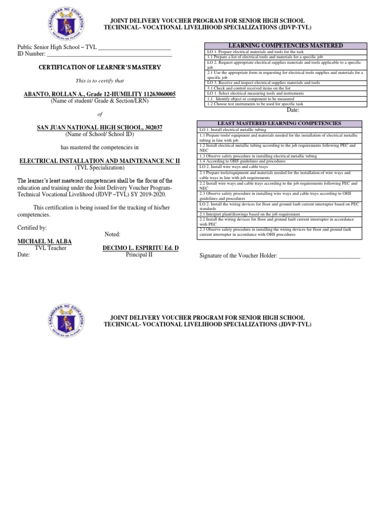 SAN JUAN NHS Sample LEAST MASTERED COMPETENCIES ANNEX 4 | PDF