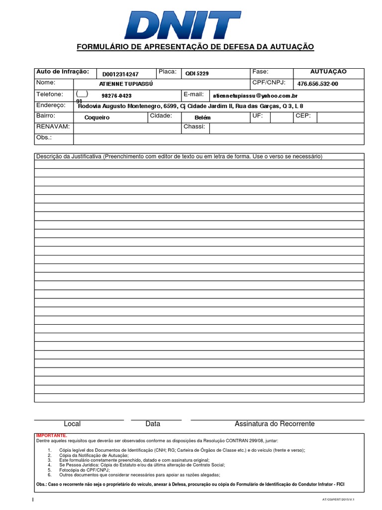 Formulário de Defesa de Autuação Dnit | PDF
