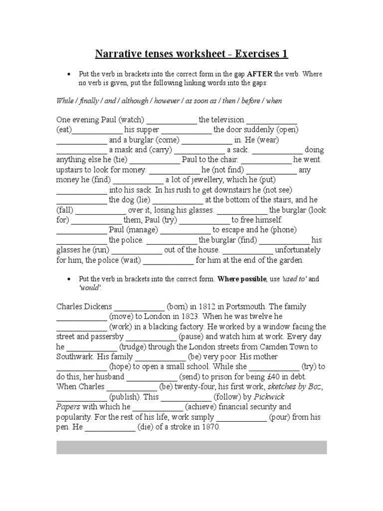 Narrative Tenses Worksheet Exercises | PDF | Language Arts & Discipline ...