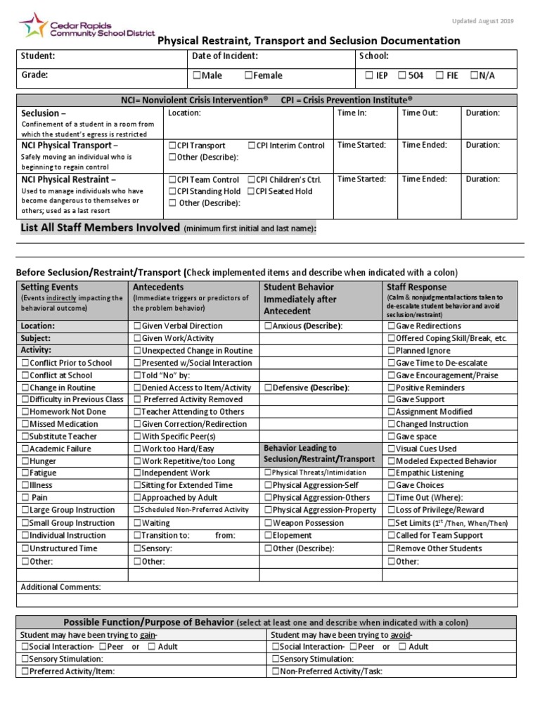 Cedar Rapids schools seclusion and restraint form Individualized Education Program Behavior