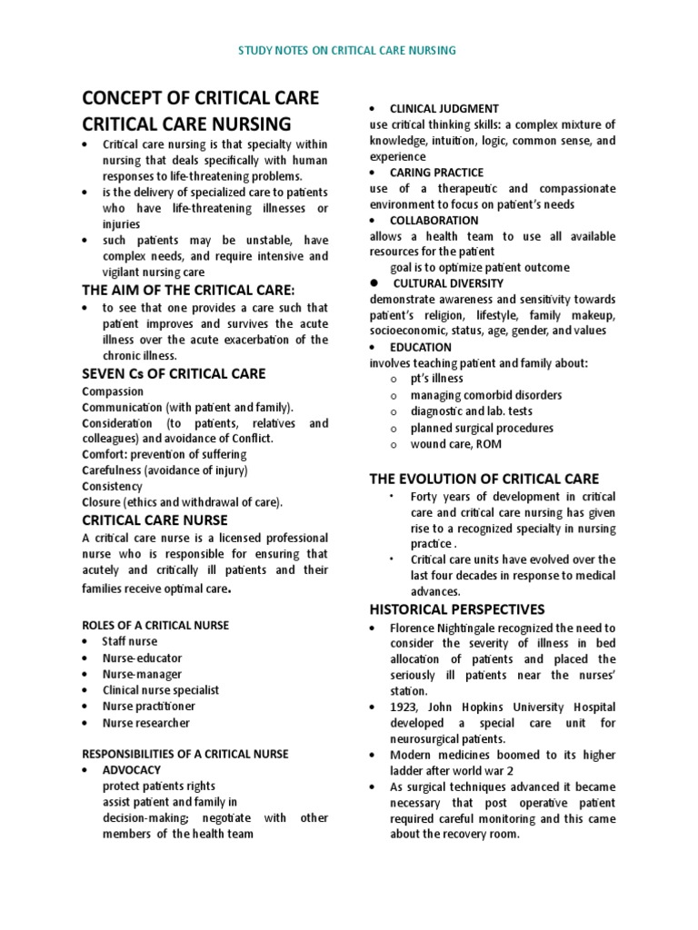 Critical Care Nursing Study Notes | PDF | Intensive Care Unit ...