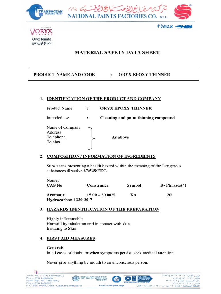 A Comprehensive Material Safety Data Sheet for Oryx Epoxy Thinner PDF