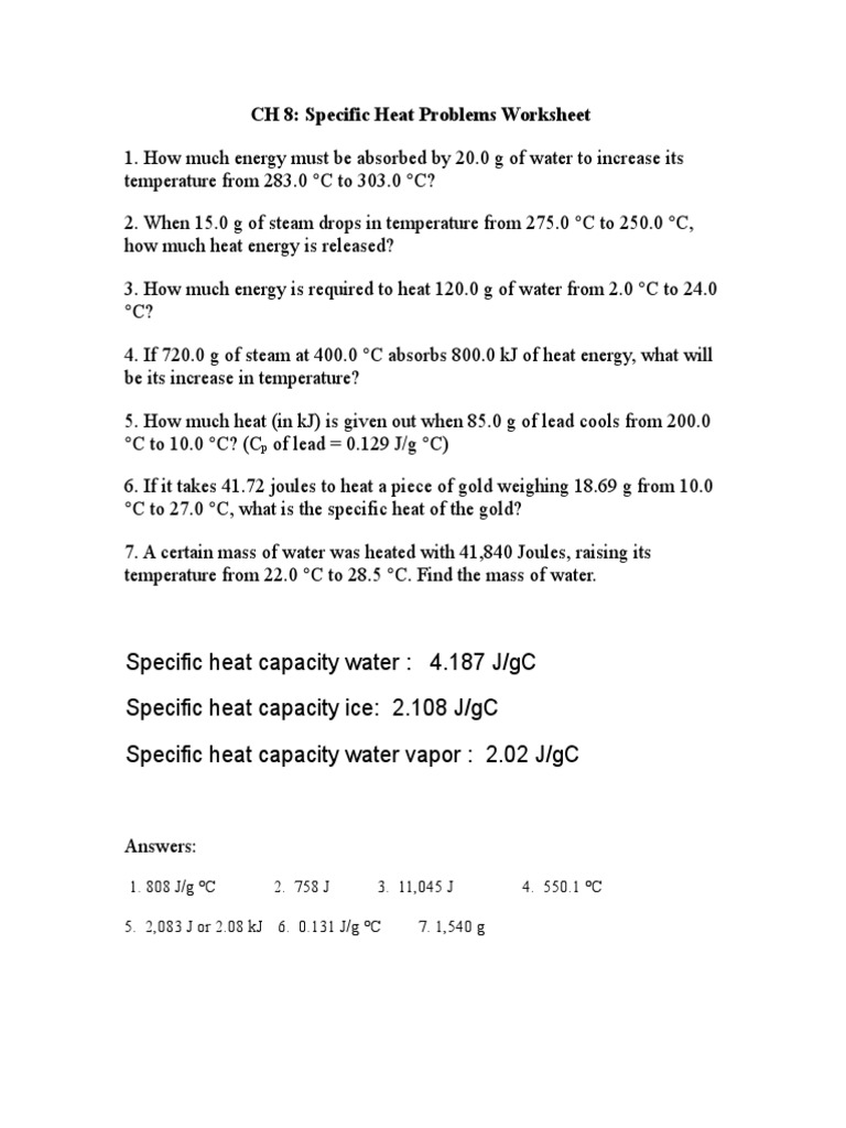 Specific Heat Worksheet