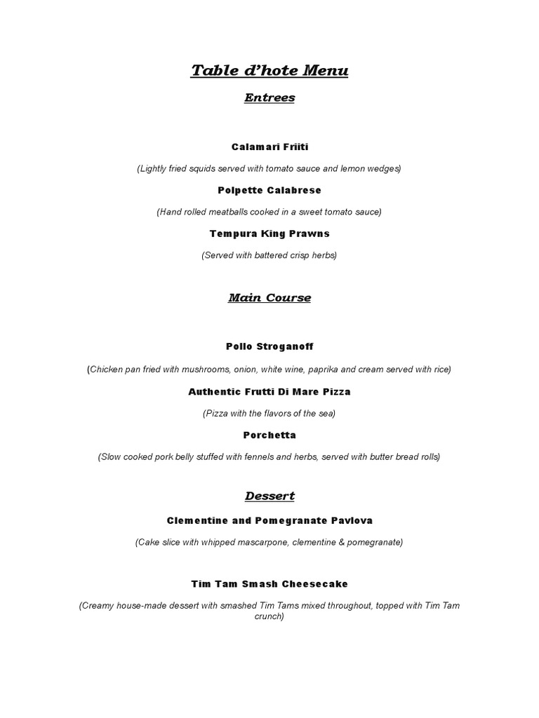 Table D'hote Menu PDF