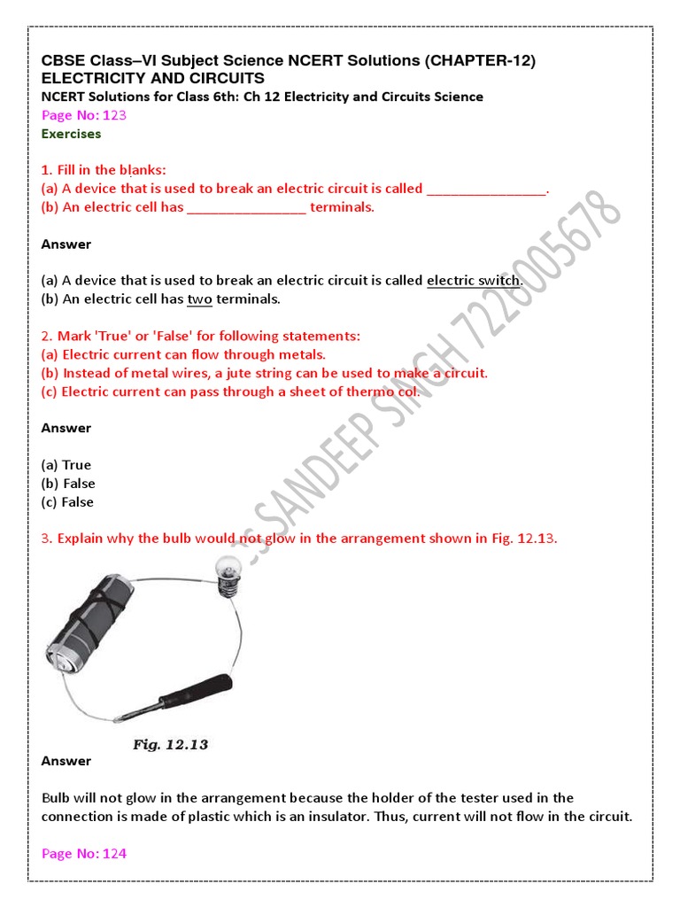 Cbse Class 6 Science Electricity And Circuits Electrician Switch