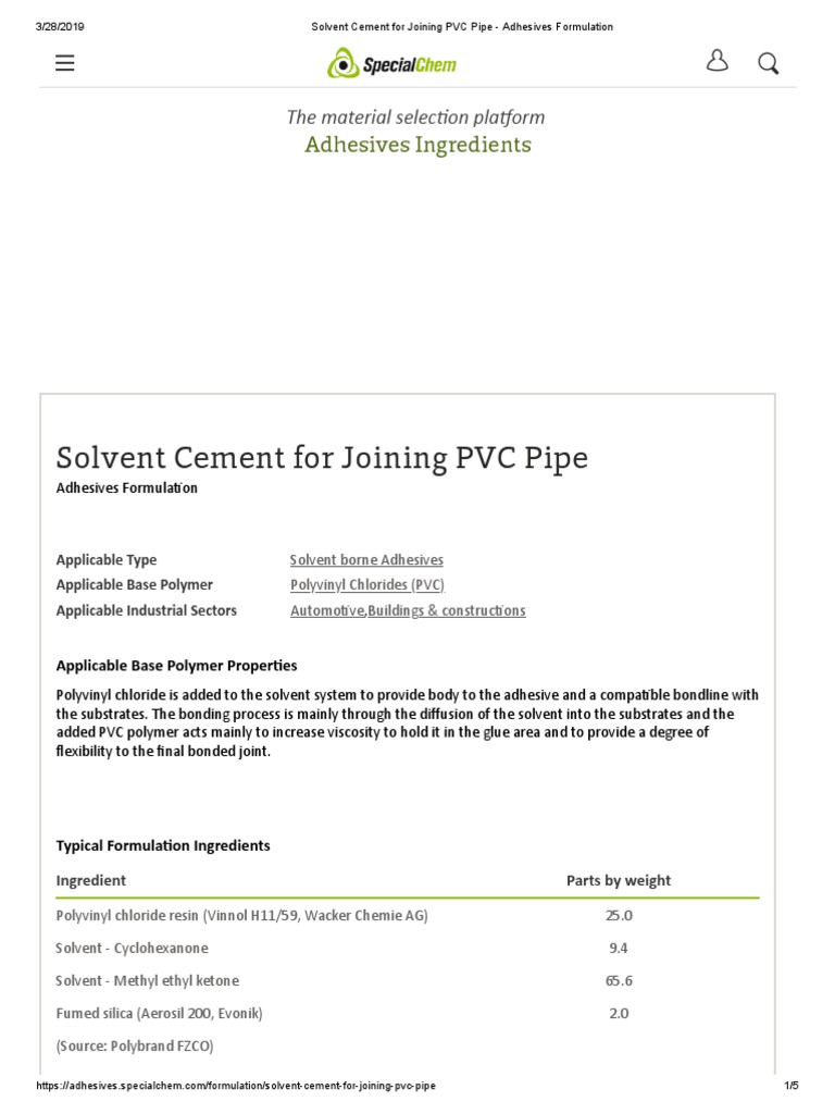 Solvent Cement For Joining PVC Pipe Adhesives Formulation 2832019