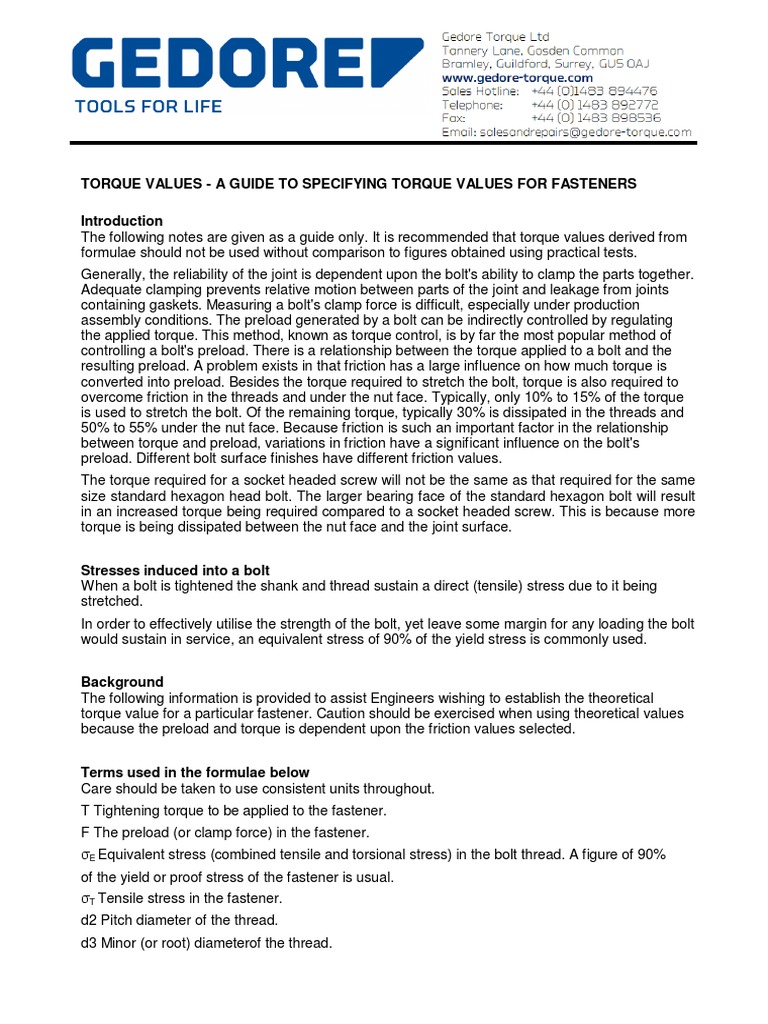 Torque Values - A Guide To Specifying Torque Values For Fasteners PDF ...