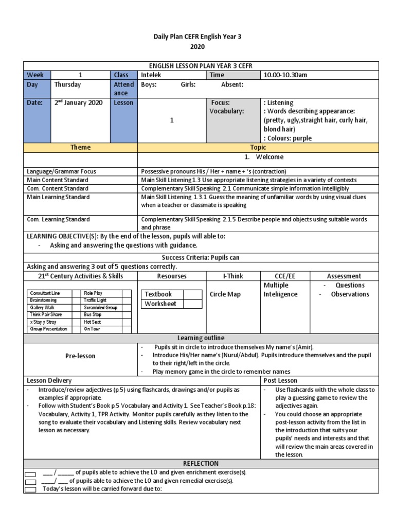 CEFR English Lesson Plan for Year 3 | PDF | English Language | Reading ...
