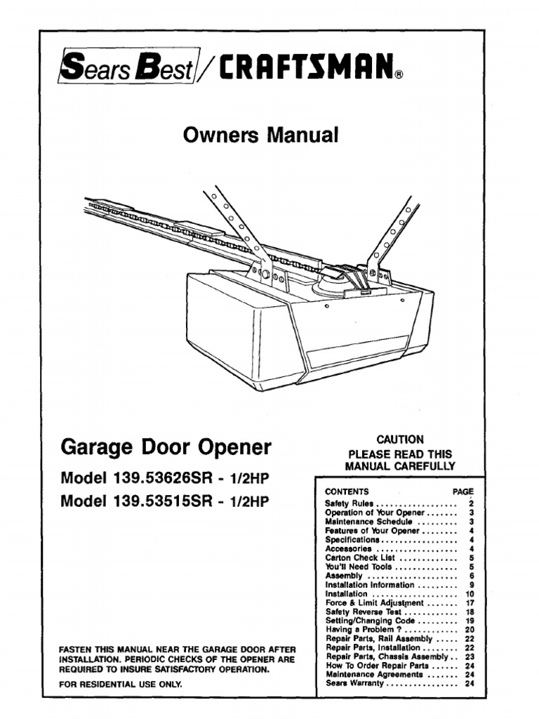 Sears Garage Door Opener Model 139.53515SR Manual PDF Door Screw