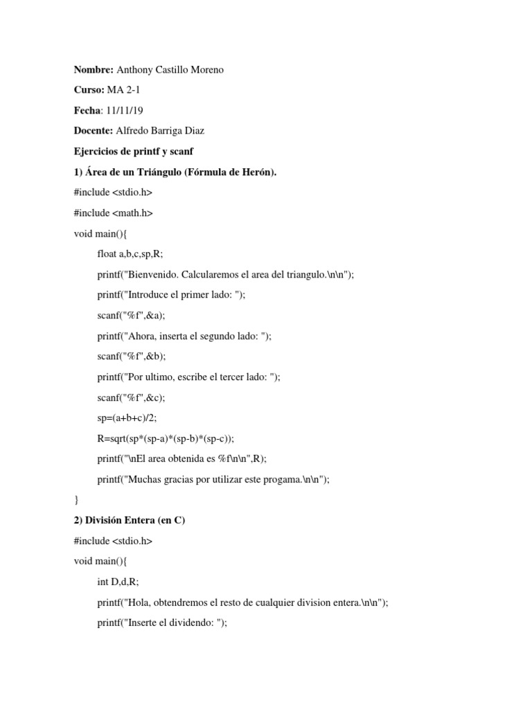 Ejercicios de Printf, Scanf, Getchar y Putchar | PDF | Matemática ...