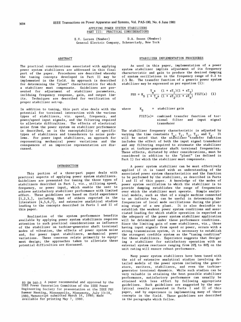 Applying Power System Stabilizers Part III Practical Considerations