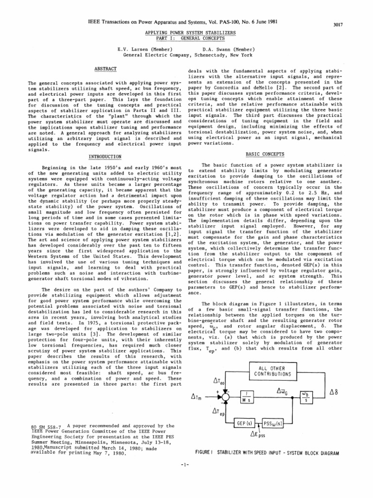 Applying Power System Stabilizers Part I General Concepts PDF