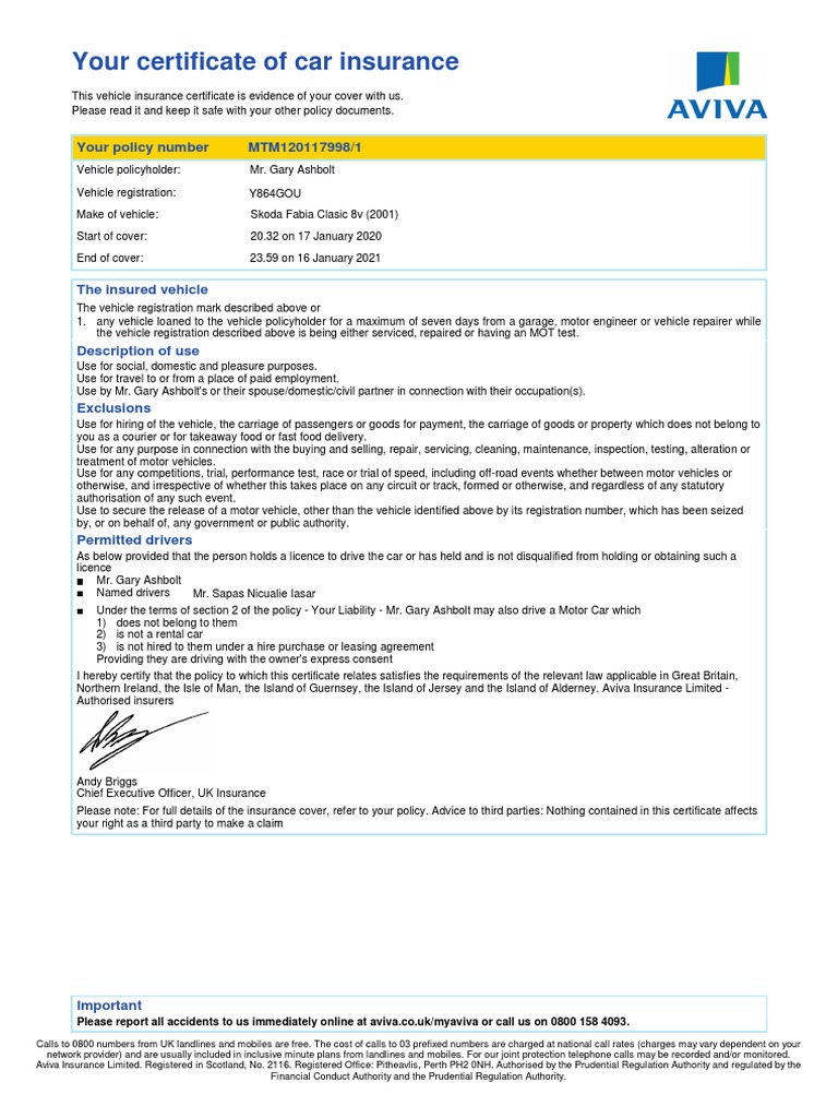 Aviva Car Insurance Certificate Details | PDF | Vehicle Insurance ...