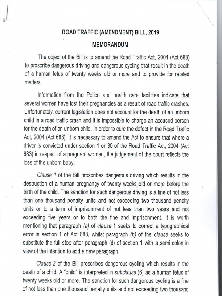 Road Traffic (Amendment) Bill, 2019 Memorandum PDF