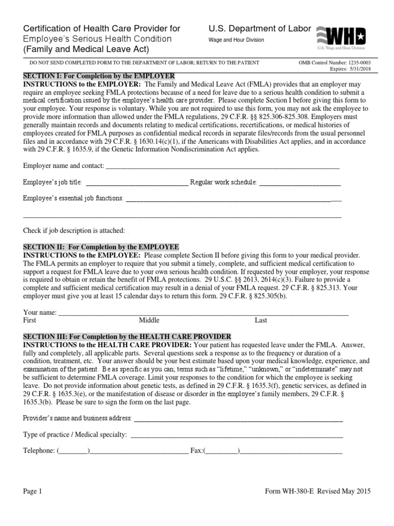 Certification Employees Serious Health Condition | PDF | Family And ...
