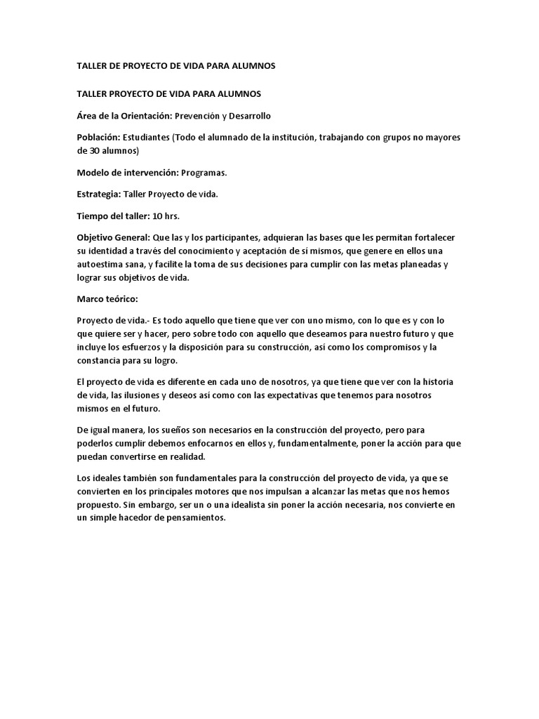 Taller de Proyecto de Vida para Estudiantes | PDF | Lápiz | Toma de ...