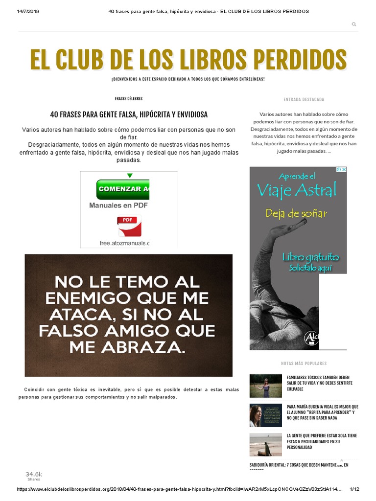 Mensajes Para Gente Hipocrita Y Envidiosa 40 Frases para Gente Falsa, Hipócrita y Envidiosa - El Club de Los Libros  Perdidos | PDF | Verdad
