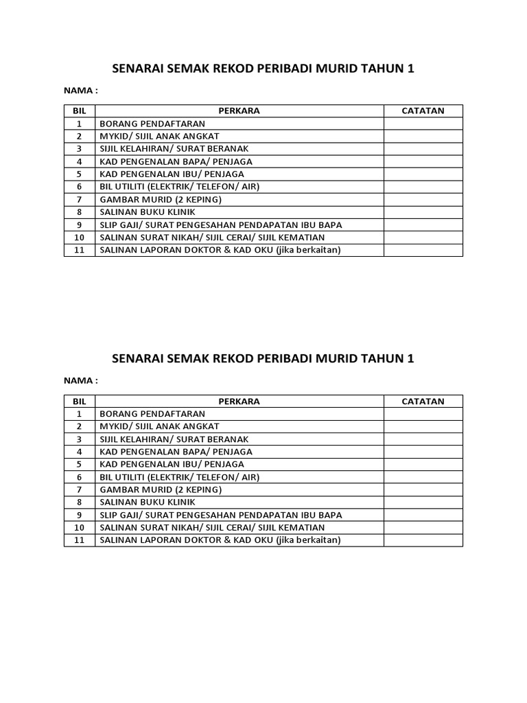 Senarai Semak Rekod Peribadi Murid Tahun 1