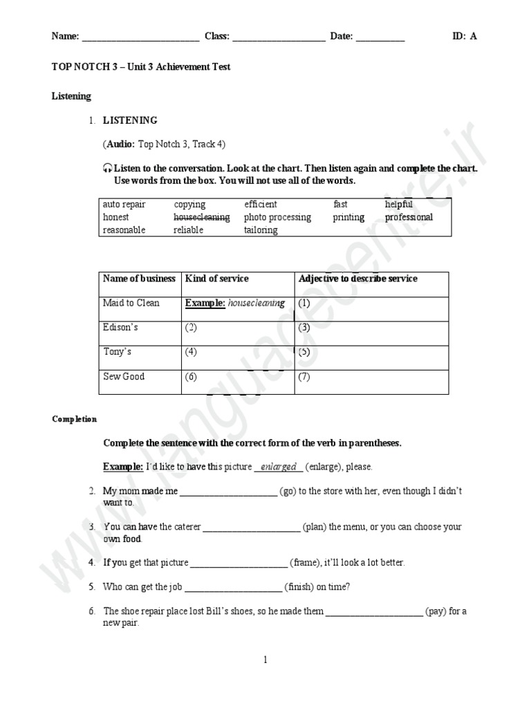 Top Notch 3a Unit 3 Test PDF PDF