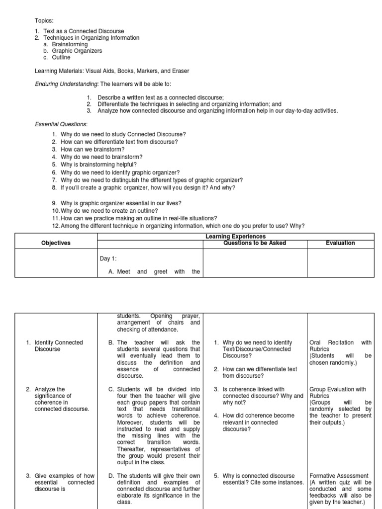 1st Week Reading and Writing Skills PDF Brainstorming Rubric