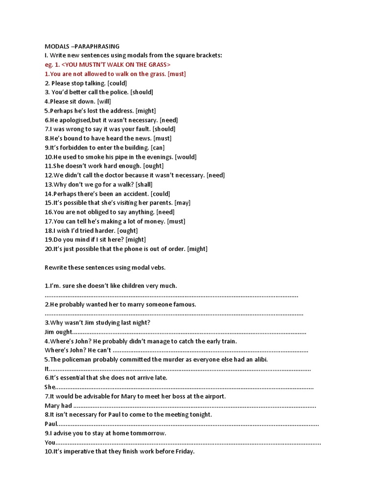 Modals in Paraphrasing Exercises | PDF