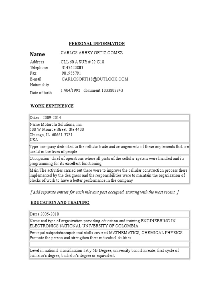 Modelo Plantilla Hoja de Vida en Inglés PDF Academic Degree Learning