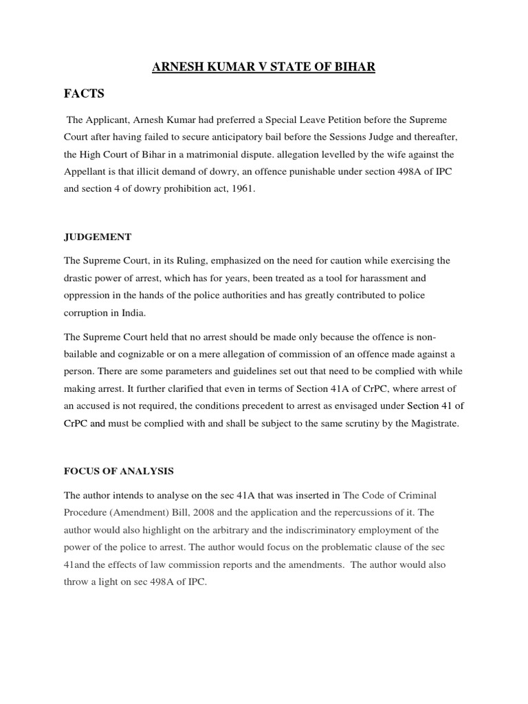 Arnesh Kumar vs State of Bihar Ruling | PDF
