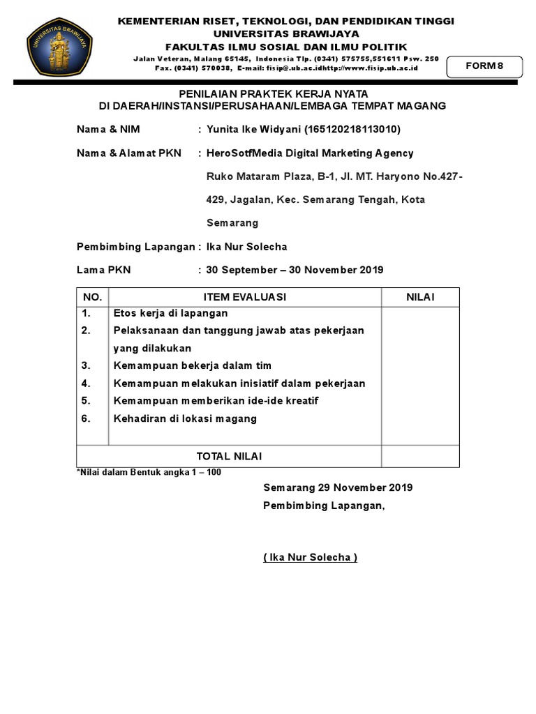 Form Penilaian Magang | PDF