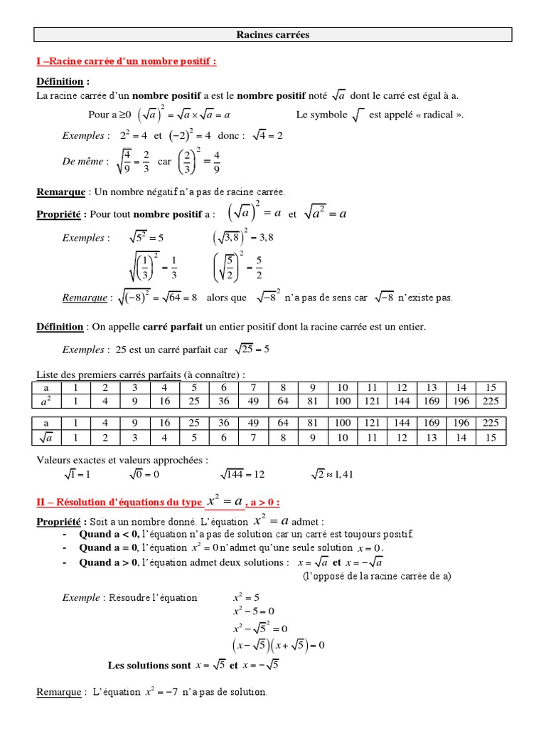 Propriétés et calculs des racines carrées | PDF | Racine carrée ...